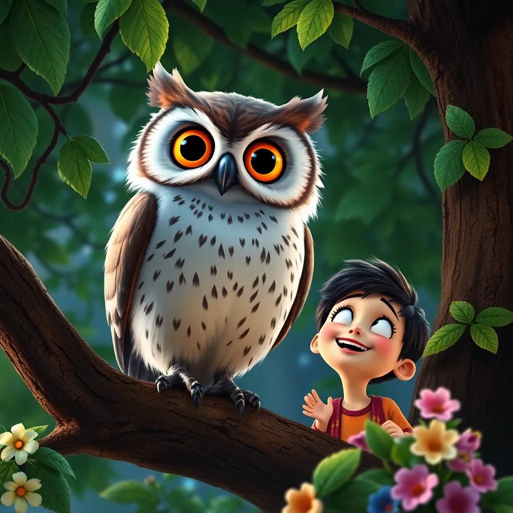 A wise old owl with big eyes on a tree branch, Max and Lily looking up with wide smiles, surrounded by green leaves and flowers, enchanting scene, colorful
