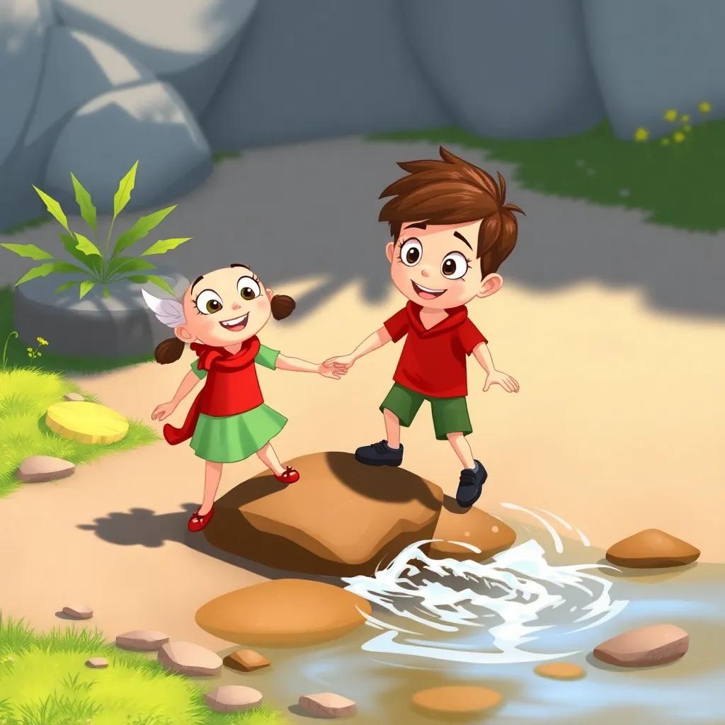 Max and Lily crossing a small stream, with Max helping Lily over a slippery stone, playful expressions, cheerful colors, family-friendly illustration