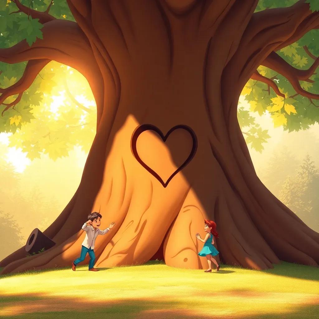 A big tree with a heart carved into its trunk, Max and Lily eagerly searching around it, bright colors, warm sunlight filtering through the leaves, inviting atmosphere