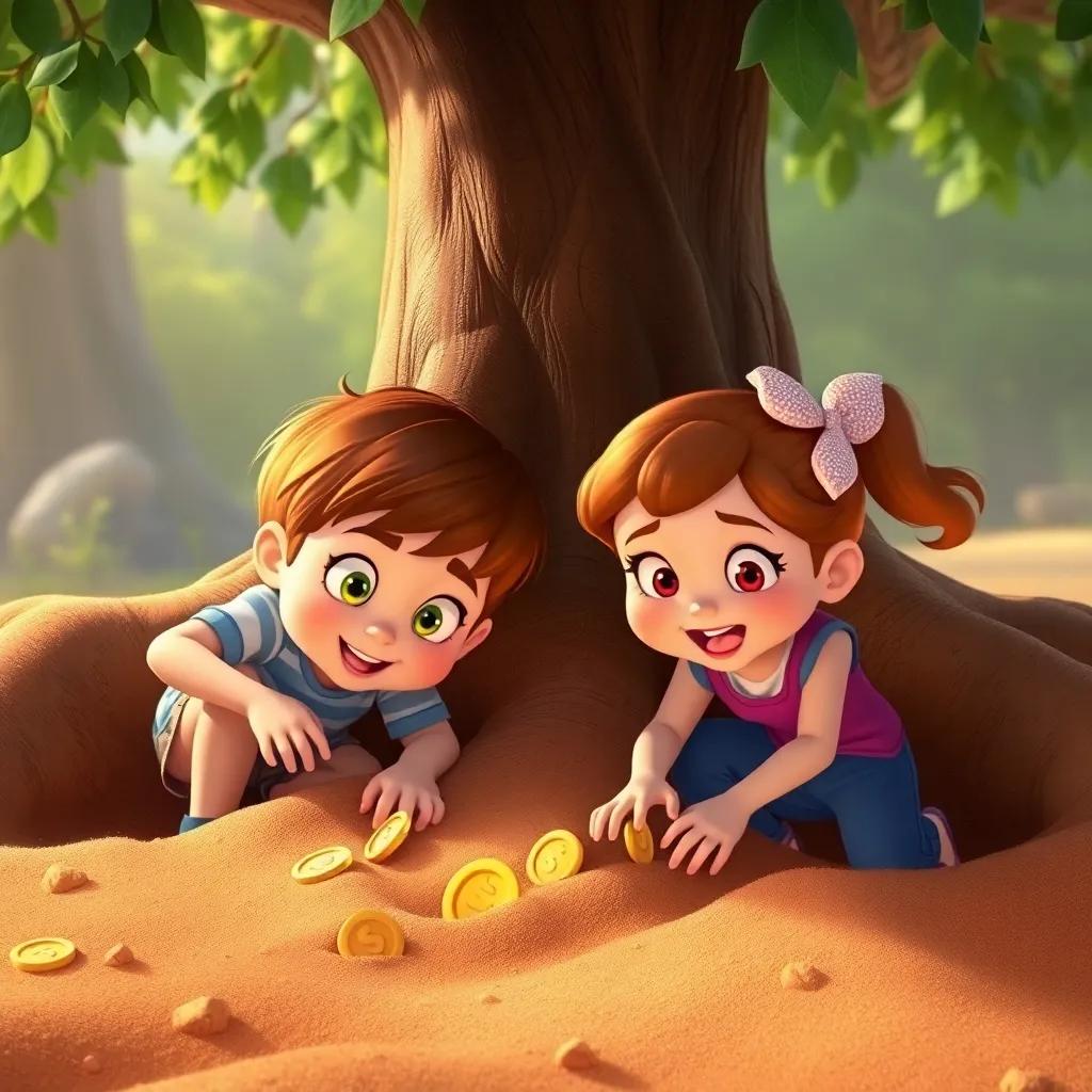 Max and Lily digging in the soft earth under the tree, with golden coins peeking out, excited expressions, dynamic scene, high quality