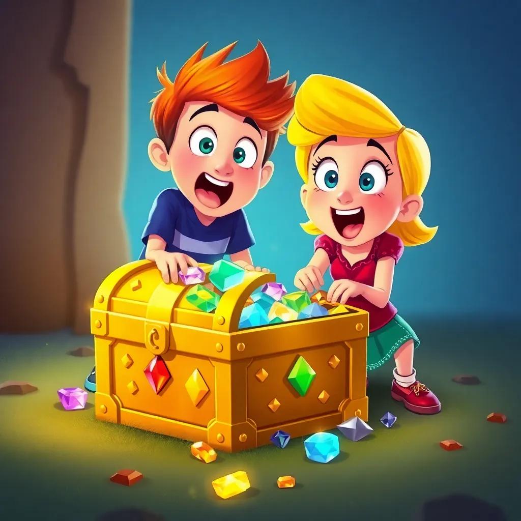 Max and Lily pulling out a shiny golden treasure chest from the ground, eyes wide in surprise and joy, colorful jewels sparkling inside, vivid colors, engaging illustration