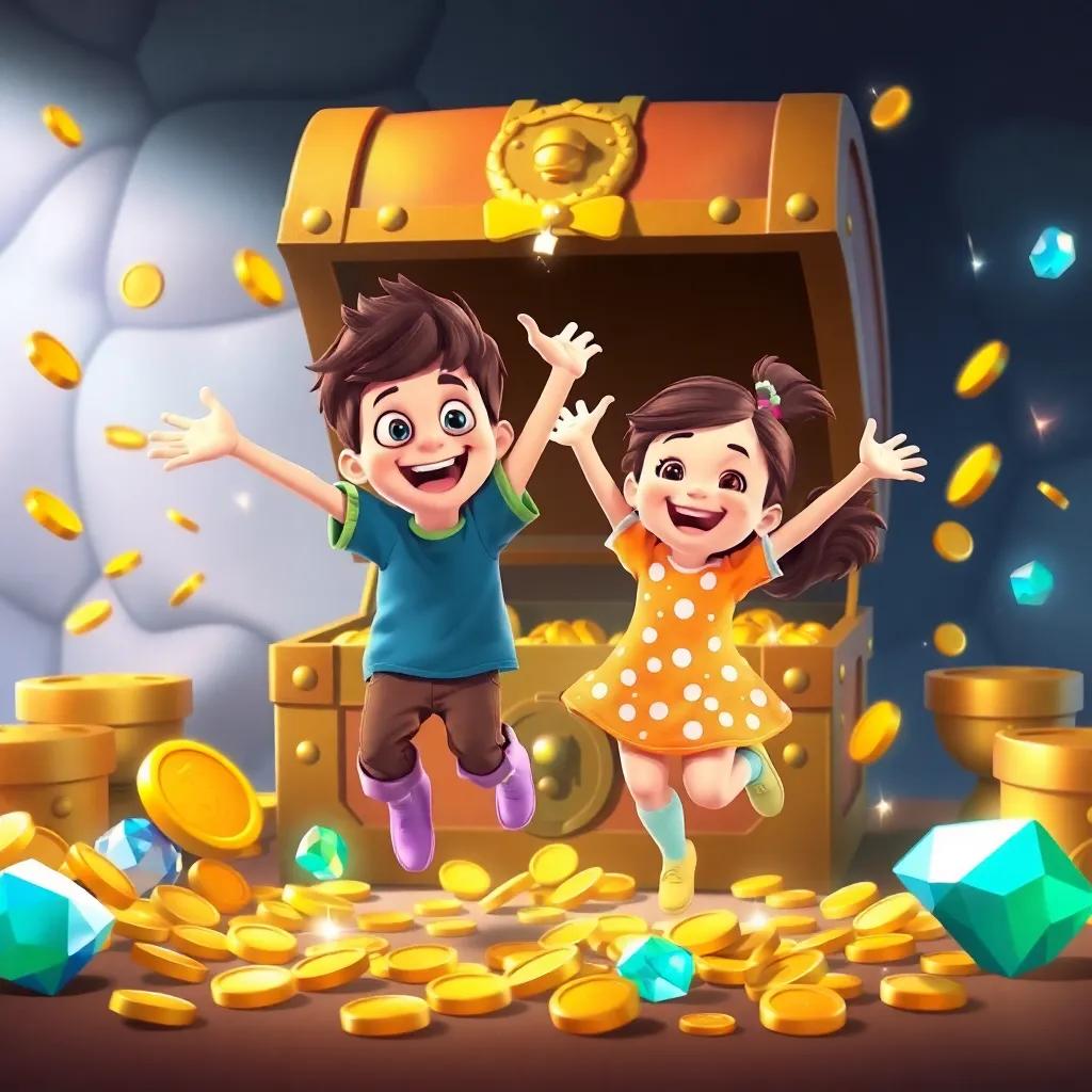 Max and Lily jumping with joy in front of the treasure chest, golden coins and shiny jewels all around them, cheerful atmosphere, colorful and bright, child-friendly
