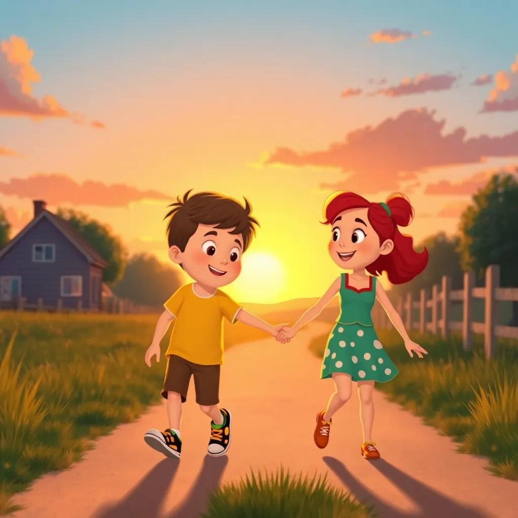 Max and Lily walking home hand in hand, talking excitedly about their adventure, a beautiful sunset in the background, warm glow, heartwarming scene