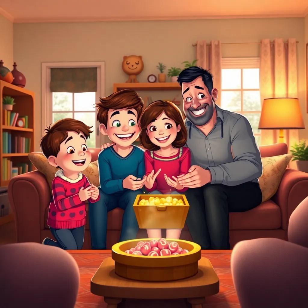 Max and Lily showing their parents the treasure at home, all smiling and celebrating together, a cozy living room filled with love, vibrant colors, inviting atmosphere