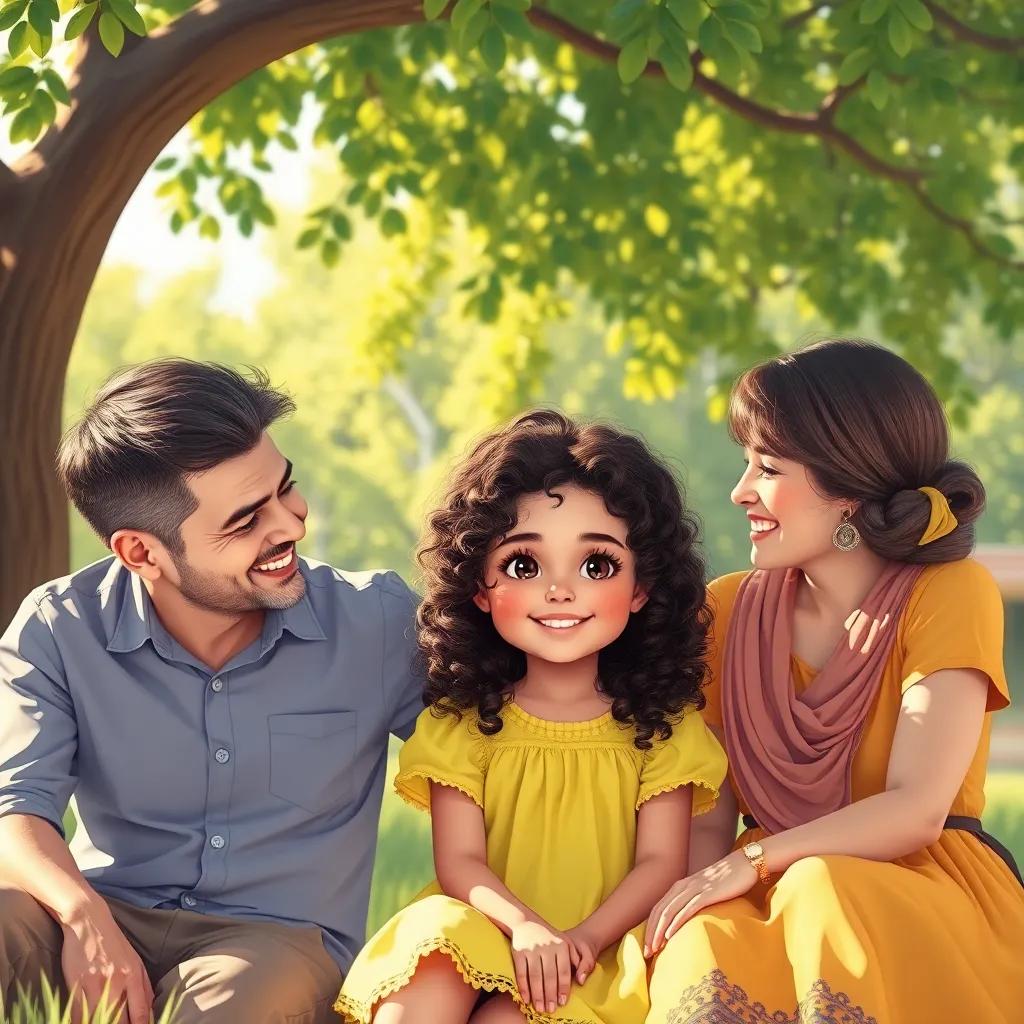 A young girl, Maria, with curly brown hair wearing a bright yellow dress, sitting under a tree with her parents, smiling and talking together, sunny day, cheerful mood, digital art, vibrant colors, inviting atmosphere, high quality