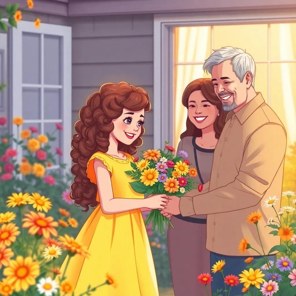 Maria, a young girl with curly brown hair in a bright yellow dress, presenting a colorful flower bouquet to her parents, who are smiling with joy, in a cozy home garden filled with blooming flowers, warm light, heartwarming scene, detailed illustration, high quality
