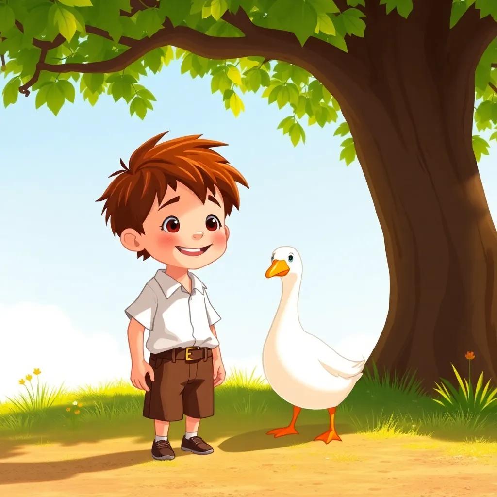 A simple boy named Jack, around 7 years old, with messy brown hair, wearing a simple white shirt and brown pants, finding a golden goose under a tree, joyful atmosphere, bright sunny day, illustration, cheerful, vibrant colors, high quality