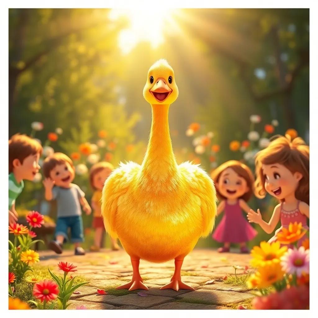 A beautiful golden goose with shiny feathers glimmering in the sunlight, surrounded by children laughing and playing, the sun shining bright, colorful flowers in the background, digital art, whimsical, child-friendly, high quality