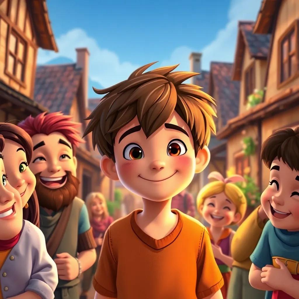 Jack, a simple boy with messy brown hair, sharing good luck with friends, surrounded by happy villagers, everyone smiling and cheerful, quaint village background, bright colors, joyful atmosphere, digital painting, warm tones, high quality