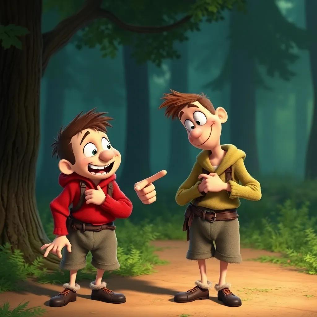 Tim and Jim, two greedy brothers, looking sneaky and mischievous, dressed in ragged clothes, whispering a plan while pointing toward the woods, imaginative art, playful expression, bright colors, high quality