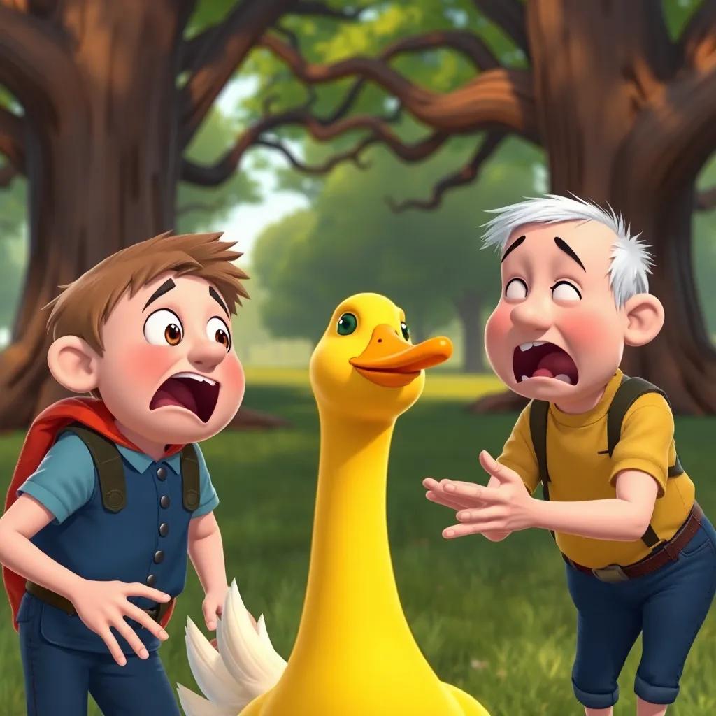 Tim and Jim trying to reach for the golden goose, getting stuck with looks of panic on their faces, goose squawking, their hands glued to it, whimsical scene, funny expression, vibrant tones, large trees in the background, digital art, bright colors, high quality