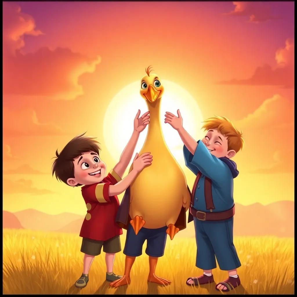 The three brothers, Jack, Tim, and Jim, learning a lesson together, working as a team to lift the golden goose, smiles on their faces, warm sunset in the background, heartwarming atmosphere, colorful, illustration, joyful scene, high quality