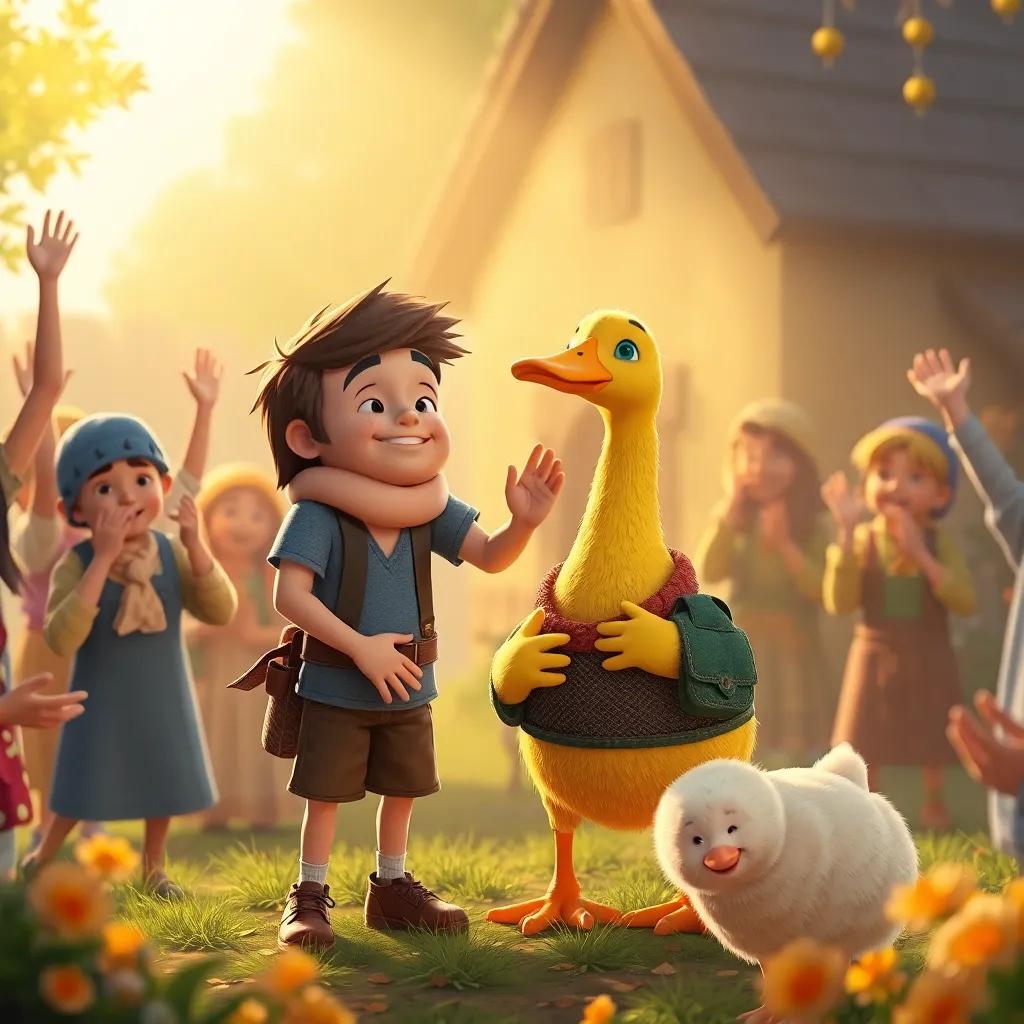 Jack, the kind boy, helping Tim and Jim, who are stuck to the golden goose, showing compassion and understanding, surrounded by villagers cheering, hopeful and warm lighting, digital art, friendly atmosphere, high quality