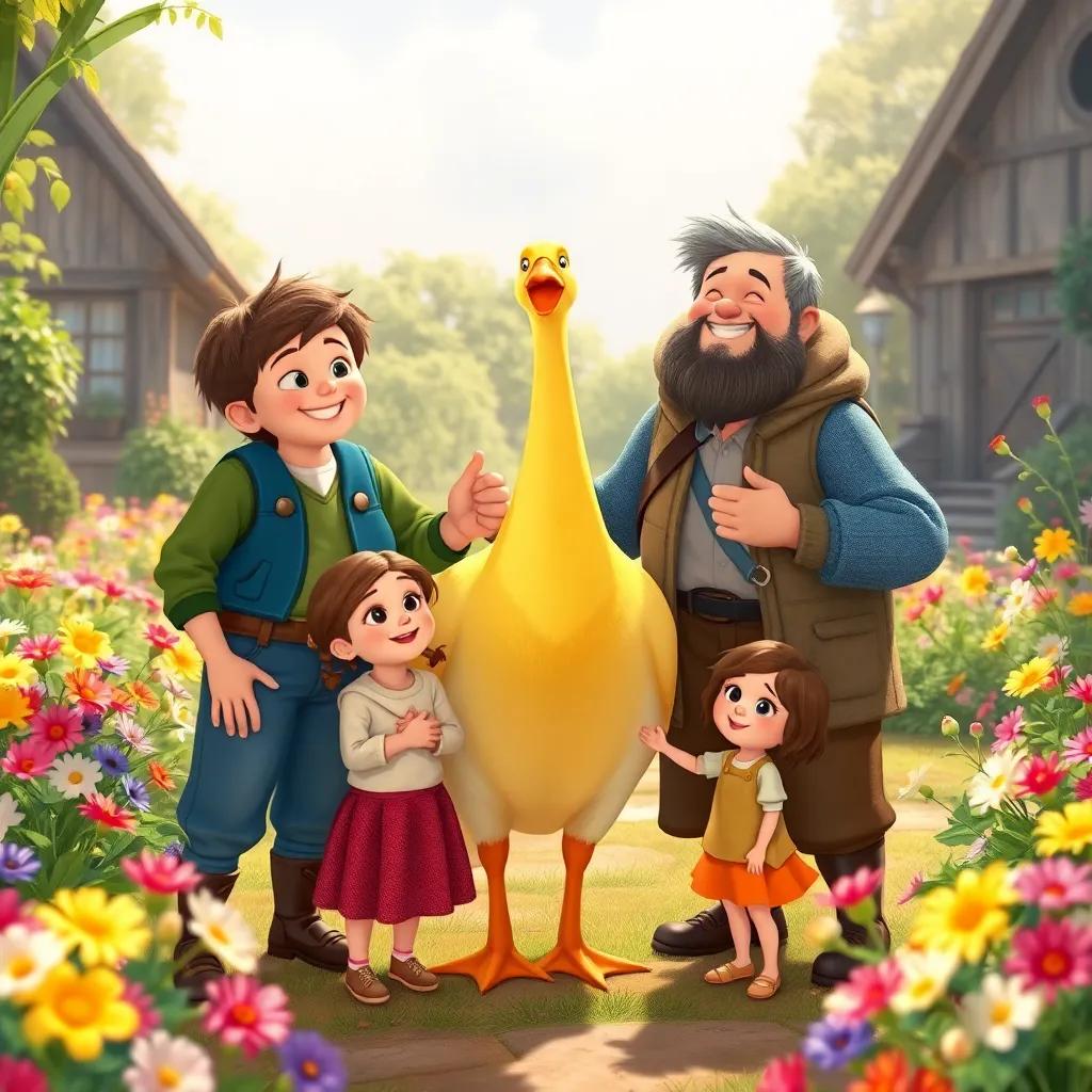 Jack, Tim, and Jim taking care of the golden goose, standing together, sharing smiles with the village children, a beautiful garden in bloom around them, soft light, colorful flowers, illustration, joyful atmosphere, heartwarming, high quality
