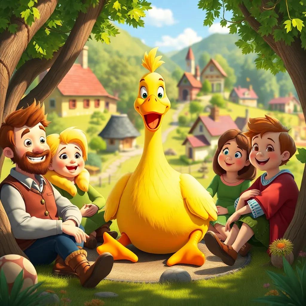 The golden goose sitting happily in a cozy spot surrounded by Jack and his friends, all smiling and sharing good fortune, small village in the background, bright colors, cheerful vibe, digital art, sunny day, high quality
