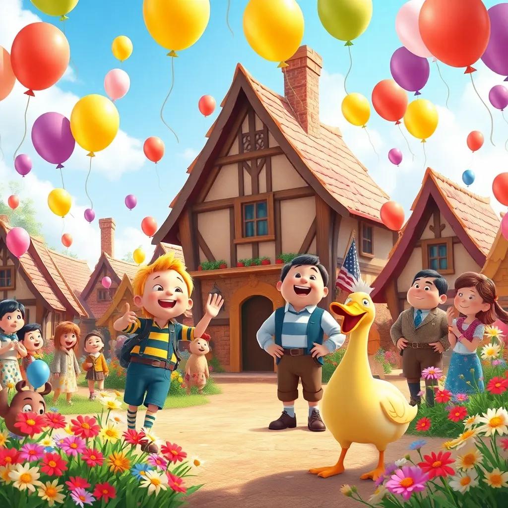 The village full of happy villagers, Jack, Tim, Jim, and the golden goose, all together celebrating, balloons and flowers everywhere, bright sky, joyful scene, whimsical style, colorful, high quality
