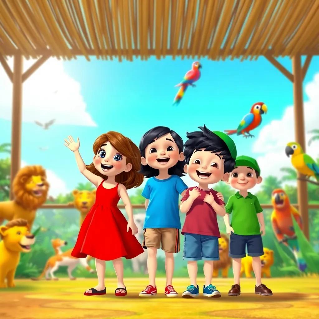 Three children, a girl with brown hair named Sara in a bright red sundress, a girl with black hair named Dana in a blue t-shirt and shorts, and a boy with wavy hair in a green cap, smiling and cheering at Al-Areen Zoo, surrounded by colorful animals like lions and parrots, sunny sky, cheerful atmosphere, digital art, vibrant colors, child-friendly