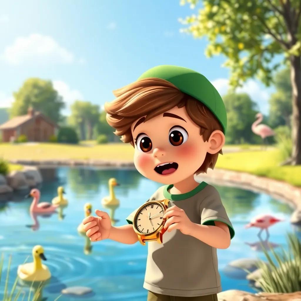 A boy with wavy hair in a green cap, standing by a small lake, holding a muddy golden watch, with ducks swimming and a small flamingo in the background, looking surprised and excited, bright sunlight, colorful scenery, illustration, engaging, bright and cheerful