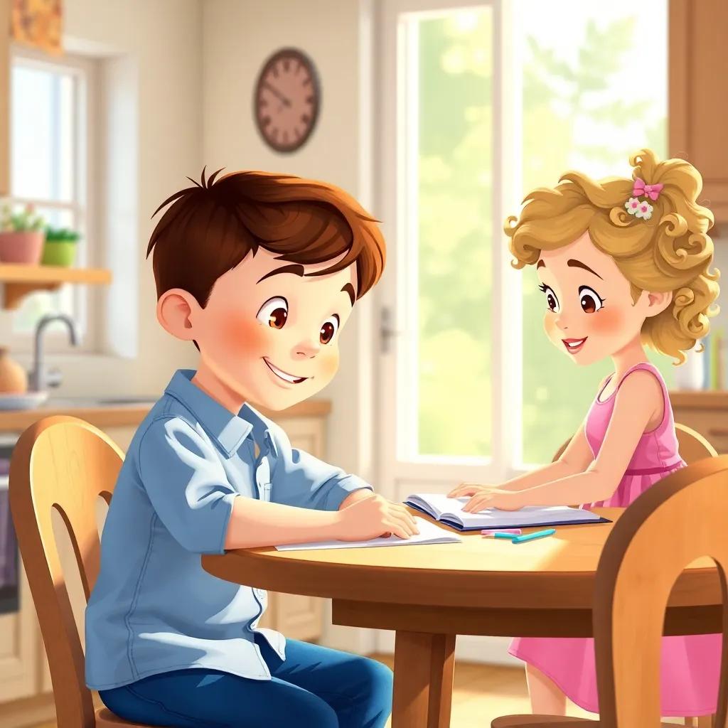 Tommy, a young boy with short brown hair, wearing a bright blue shirt and jeans, helping his little sister Lily, a girl with curly blonde hair in a pink dress, with her homework at a sunny kitchen table, digital art, cheerful, warm light, inviting atmosphere, high quality