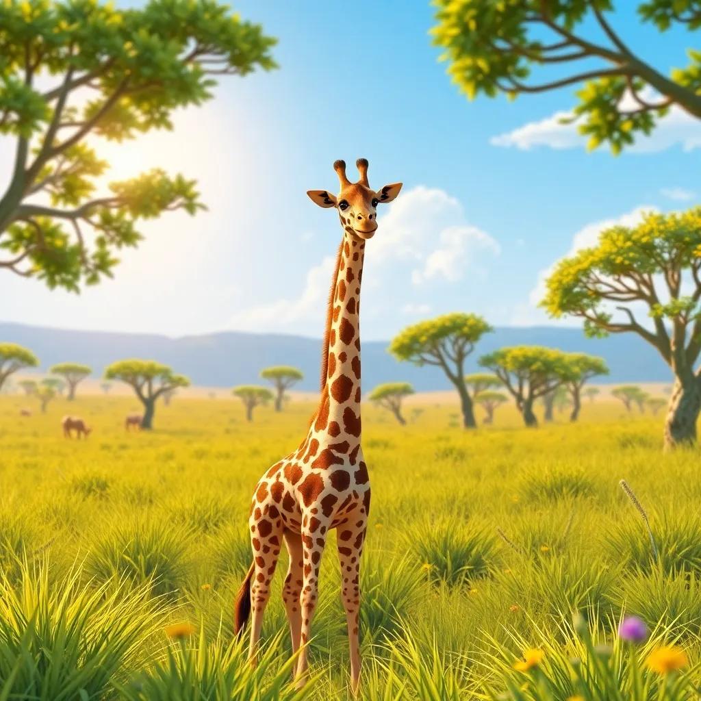 A tall giraffe named Greg, with brown spots and a long neck, standing in a sunny savannah full of green grass and acacia trees, vibrant scenery, cheerful atmosphere, high quality