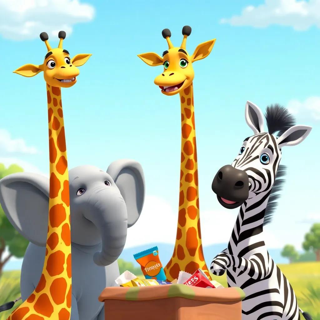 Greg the giraffe, excitedly talking with Ellie the elephant, a gray elephant with big ears and a trunk, and Timmy the zebra, a striped zebra, packing snacks under a clear blue sky, colorful art, lively, cheerful