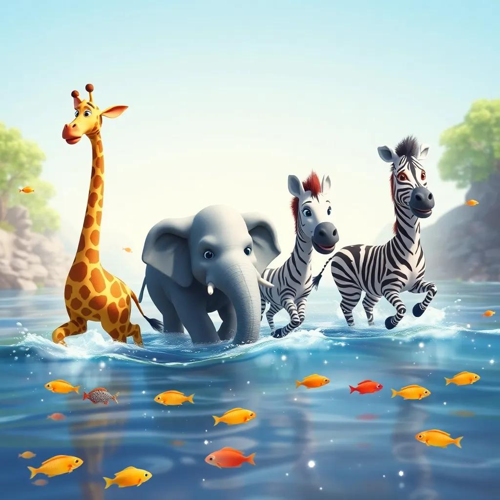 Greg the giraffe, Ellie the elephant, and Timmy the zebra, crossing a sparkling river with colorful fish swimming around, bright and lively, digital art, refreshing atmosphere, high quality