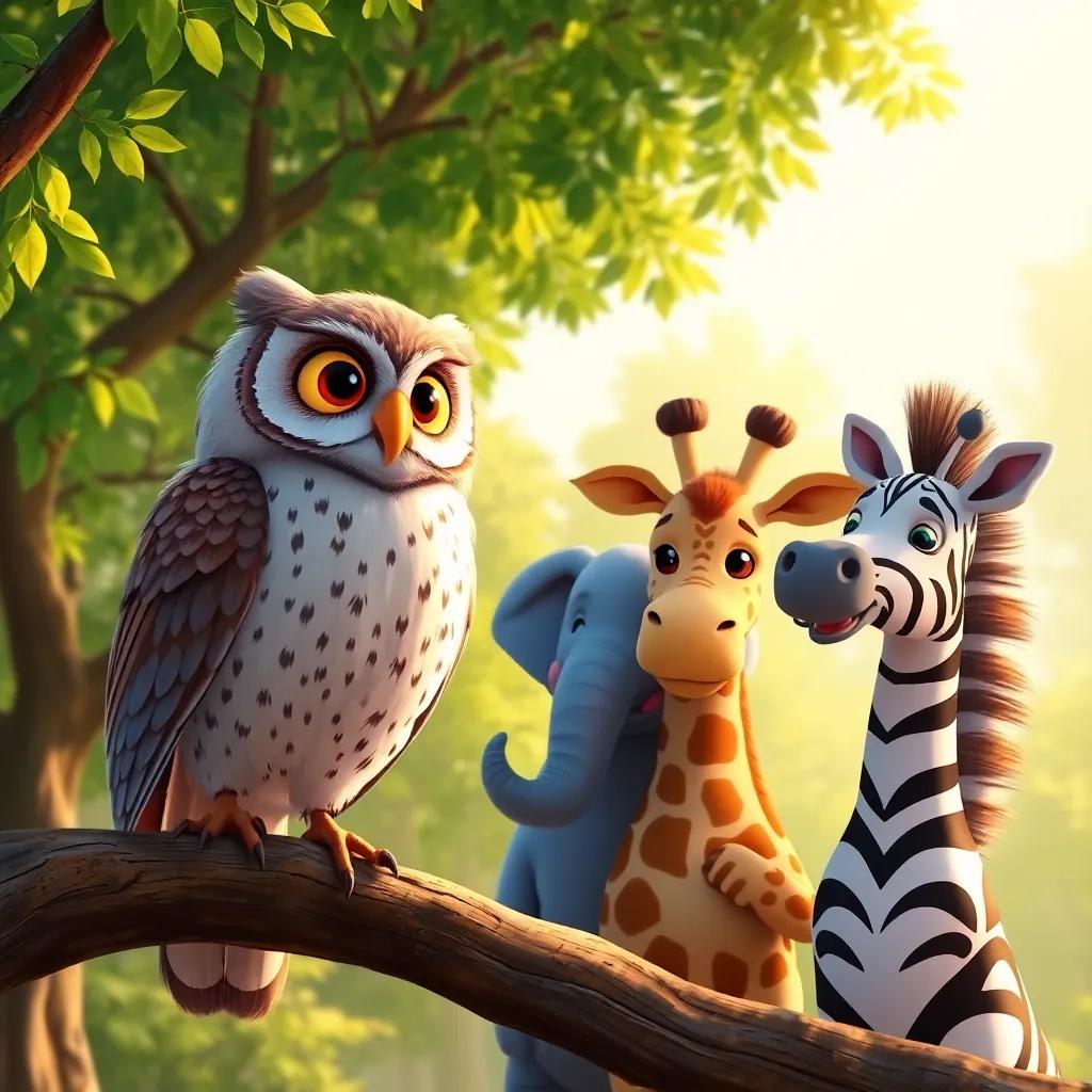 A wise old owl perched on a branch, next to Greg the giraffe, Ellie the elephant, and Timmy the zebra, listening intently, surrounded by green trees, warm light, charming illustration