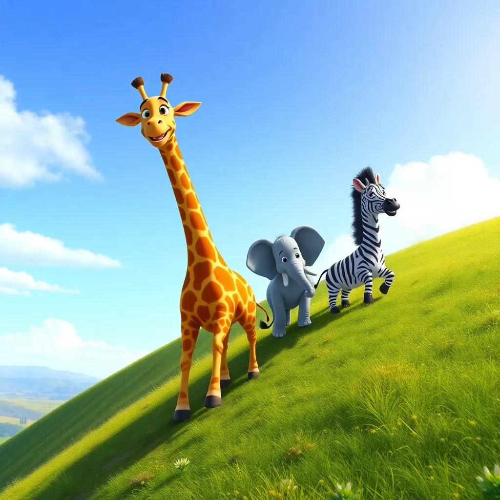 Greg the giraffe, Ellie the elephant, and Timmy the zebra, climbing a big hill, excited expressions, bright sunny day, looking towards the horizon, vibrant colors, adventure-filled