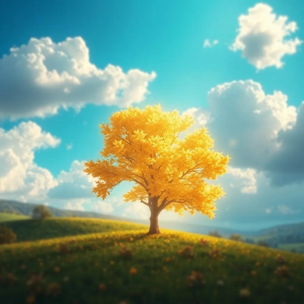 A shining tree with golden leaves in the distance, surrounded by a luscious landscape and clouds in the sky, focus on the glimmering leaves, magical atmosphere, high quality