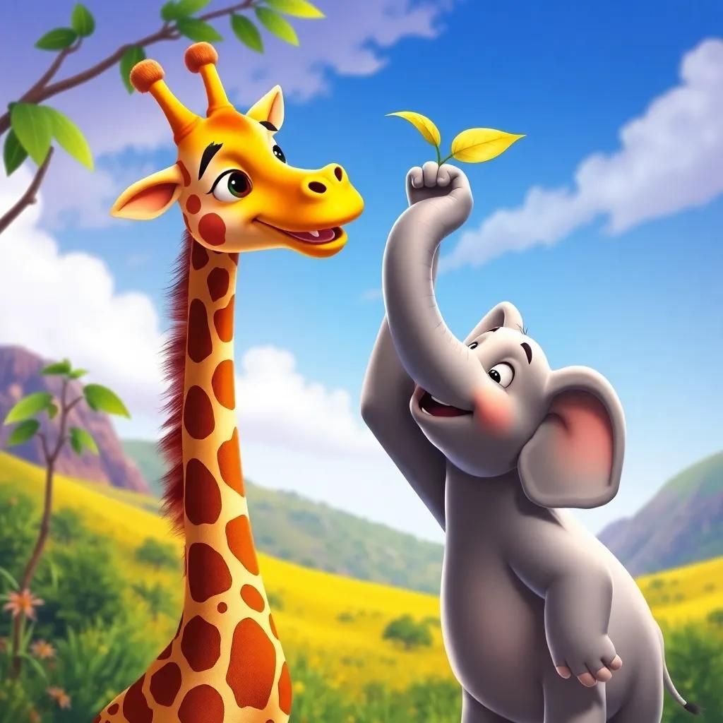 Greg the giraffe, Ellie the elephant lifting him up with her trunk, reaching for a golden leaf, colorful landscape background, joyful teamwork, digital art