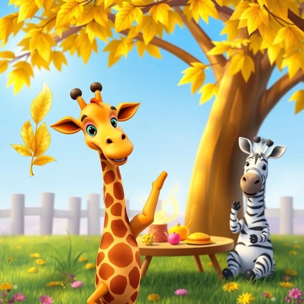Greg the giraffe holding a golden leaf proudly, with Ellie the elephant and Timmy the zebra cheering, having a picnic under the gold-leaf tree, bright colors, festive atmosphere, high quality