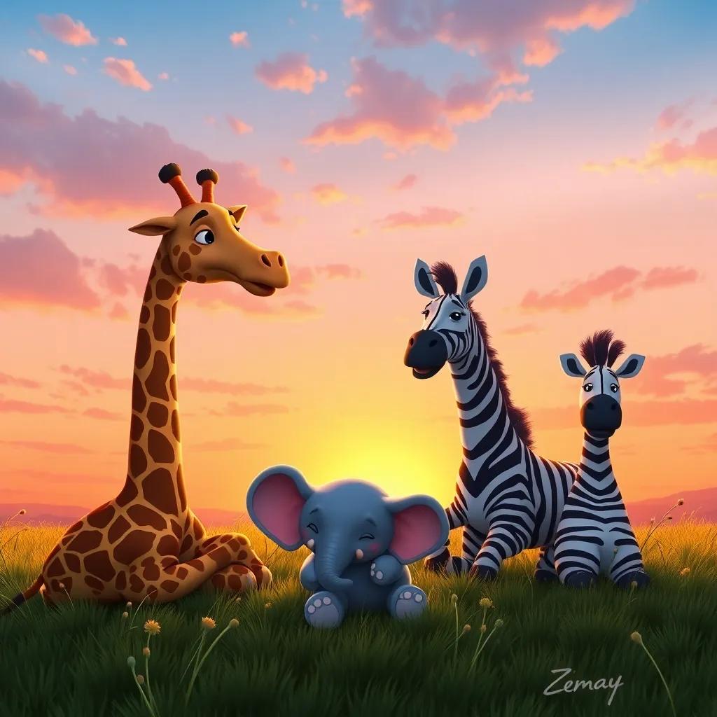 Greg the giraffe, Ellie the elephant, and Timmy the zebra, lying on the grass and watching the sunset, beautiful pink and orange sky, peaceful friendship, heartwarming scene, high quality