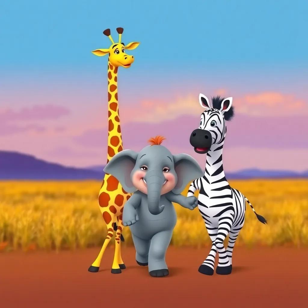 Greg the giraffe, Ellie the elephant, and Timmy the zebra, smiling and walking together in the savannah, hand in hand, colorful background, joyful expressions, happy ending, high quality