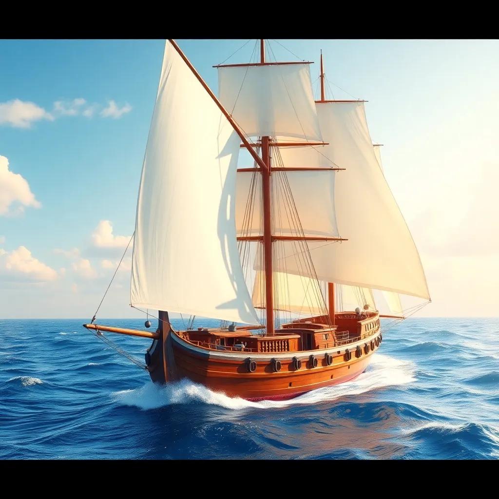 A grand sailing ship named the Star Voyager with big white sails, gliding over blue waves, sunny day, digital art, vibrant colors, cheerful atmosphere, high quality
