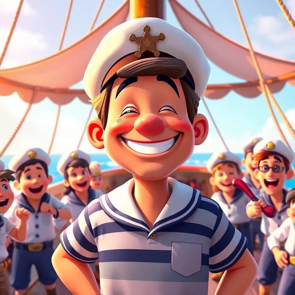 Captain Charlie, a cheerful man with a big smile, wearing a sailor's hat and striped shirt, standing on deck, surrounded by a playful crew of sailors, colorful, lively scene, digital painting, warm light, joyful mood