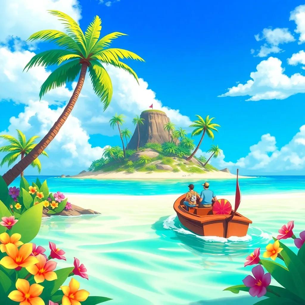 A distant tropical island with palm trees, colorful flowers, and blue sky, sailors in a small boat approaching the shore, adventurous, bright colors, inviting scenery, illustration, whimsical style