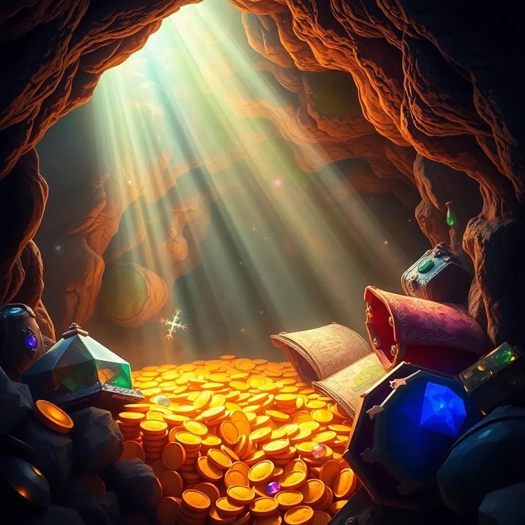 Inside a hidden cave filled with shiny treasures - gold coins, sparkling jewels, and ancient maps, sunlight streaming in, creating a magical atmosphere, digital art, vibrant colors, enchanted look