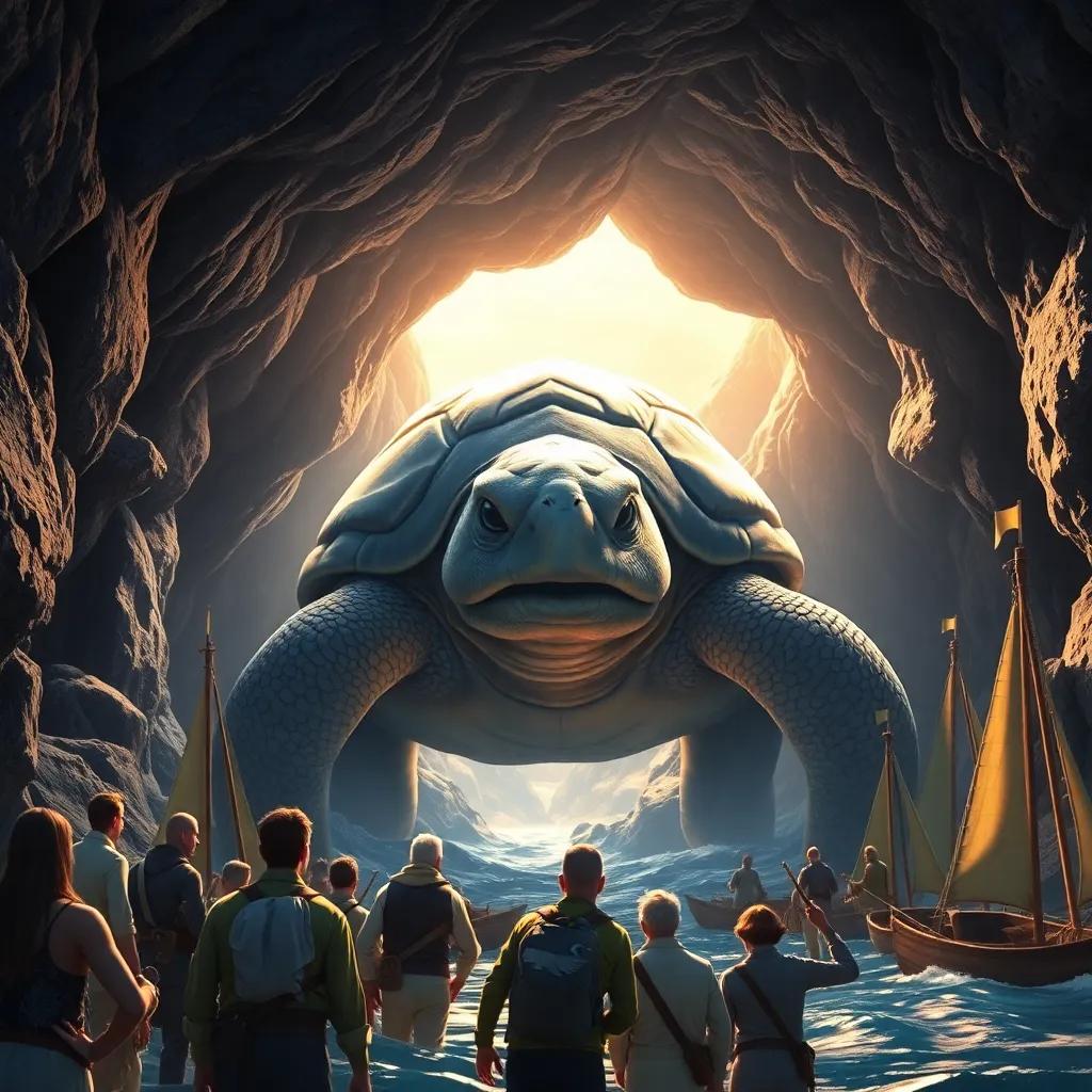 A wise giant turtle at the entrance of the cave, looking old and gentle, surrounded by the amazed crew of sailors, mystical setting, warm light, uplifting, highly detailed