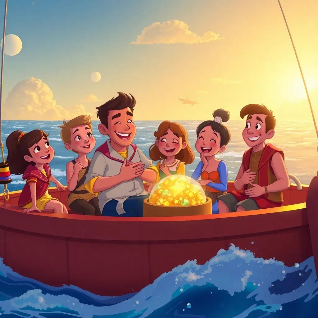 The crew sailing home on the Star Voyager, talking and laughing, sparkling treasures on board, joyful expressions, ocean waves in the background, digital art, cheerful color palette, heartwarming scene
