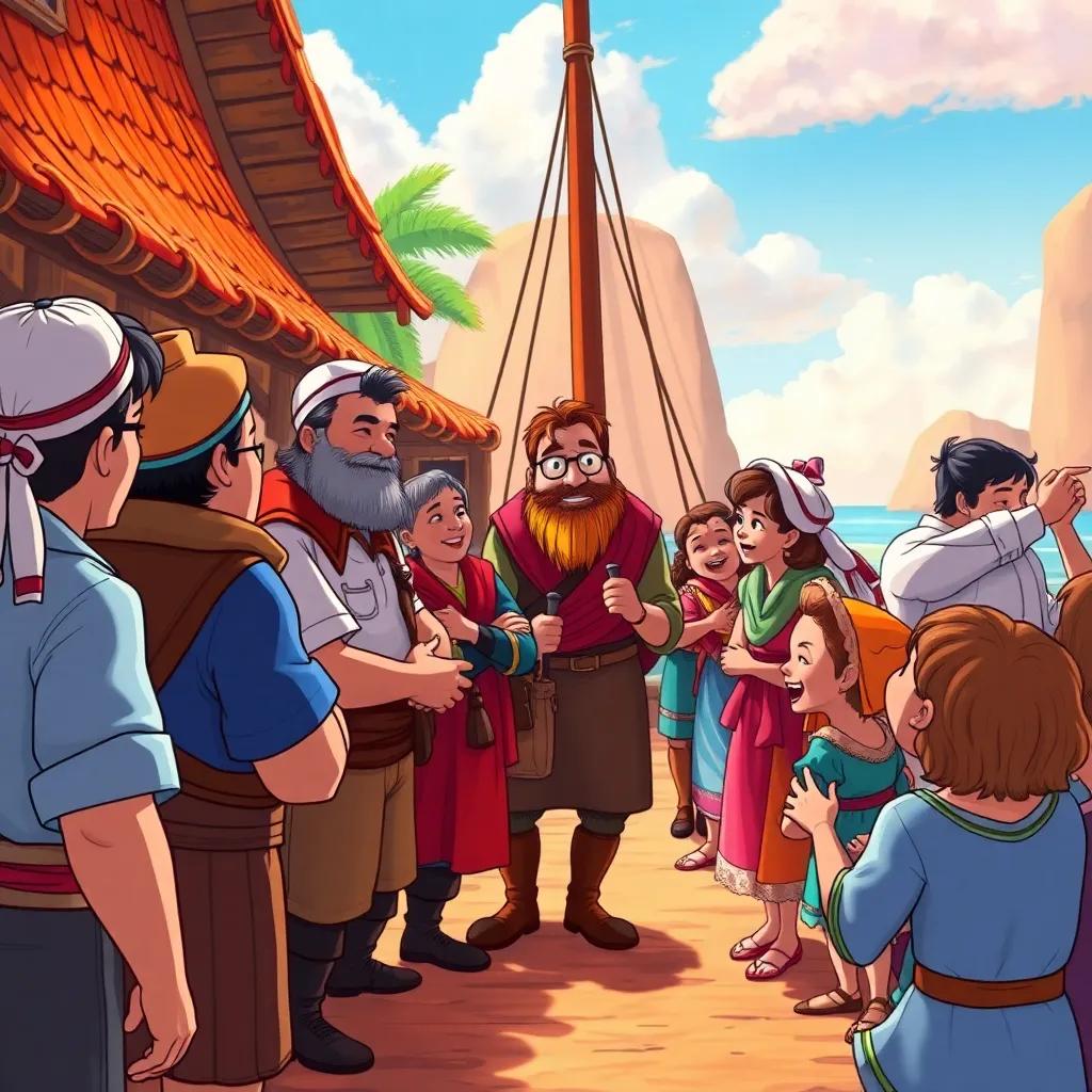 A famous scene with the crew being greeted by people from their village, sharing adventures and tales of Captain Charlie, joyful reunion, colorful background, warm atmosphere, illustration