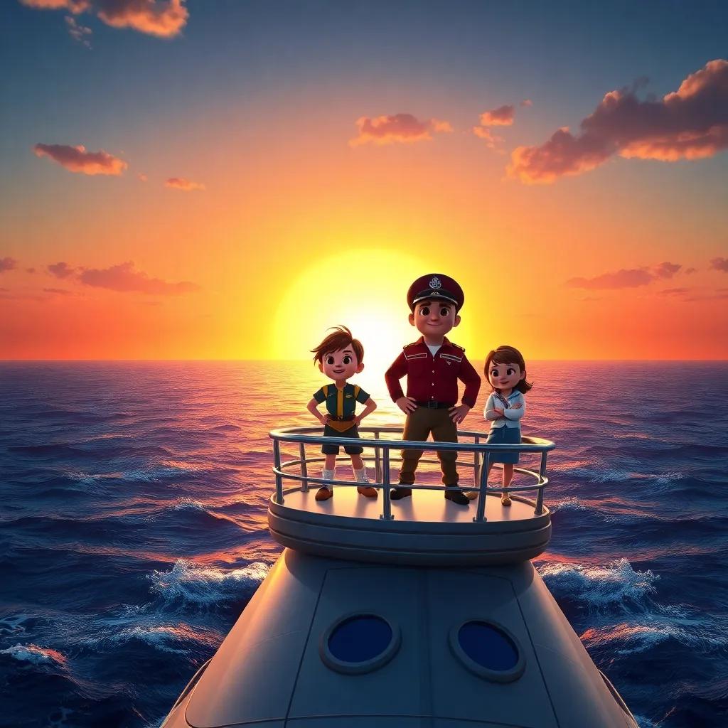 Captain Charlie with his crew standing proudly on the Star Voyager, with the ocean stretching endlessly, a sunset backdrop, representing adventure and friendship, digital art, inspiring, high resolution, rich colors