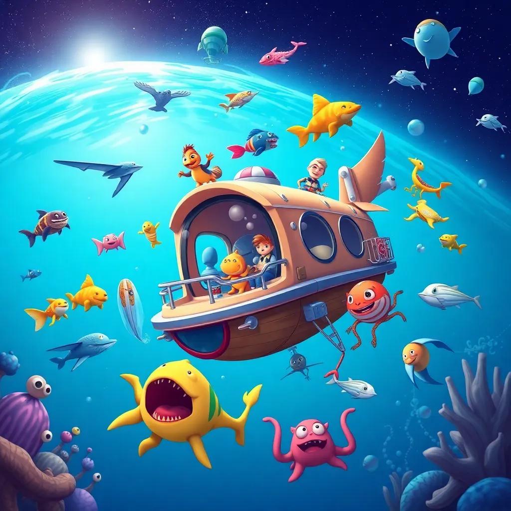 A montage of the Star Voyager exploring different parts of the ocean, meeting diverse sea creatures, adventurous and whimsical, engaging scene, bright and colorful, dynamic artwork, cheerful