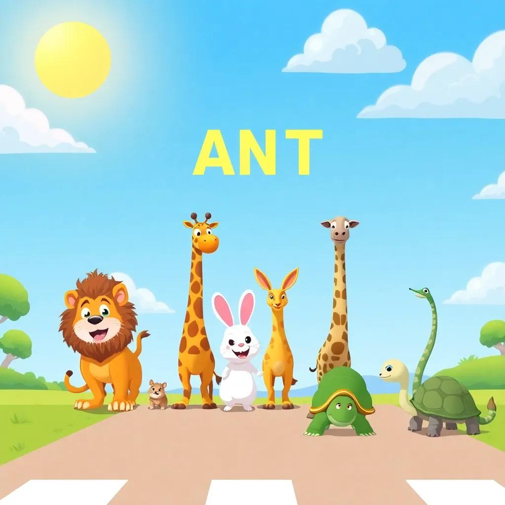 A sunny landscape with various animals at the starting line of a race: a strong lion, a small rabbit, a noisy dog, a tall giraffe, a calm turtle, a quiet snake, colorful, cheerful, fun atmosphere