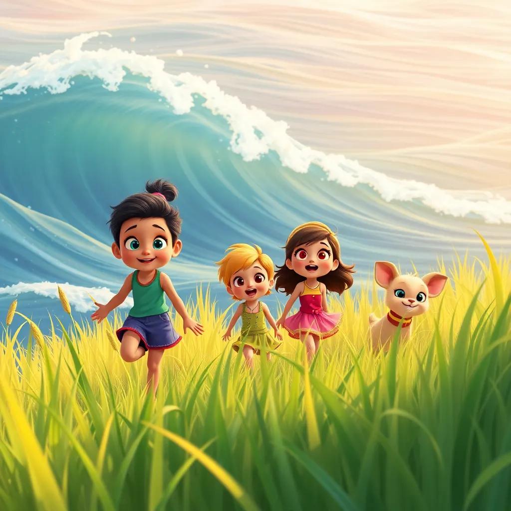 Antonia and her friends walking through tall grass that waves like the ocean, vibrant colors, excited expressions on their tiny faces, warm light, storytelling view, illustration, high quality