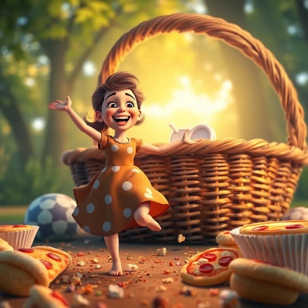 Antonia dancing with joy near a giant picnic basket, surrounded by pizza crusts and cake crumbs, bright and inviting colors, happy mood, close-up perspective, digital art, high quality