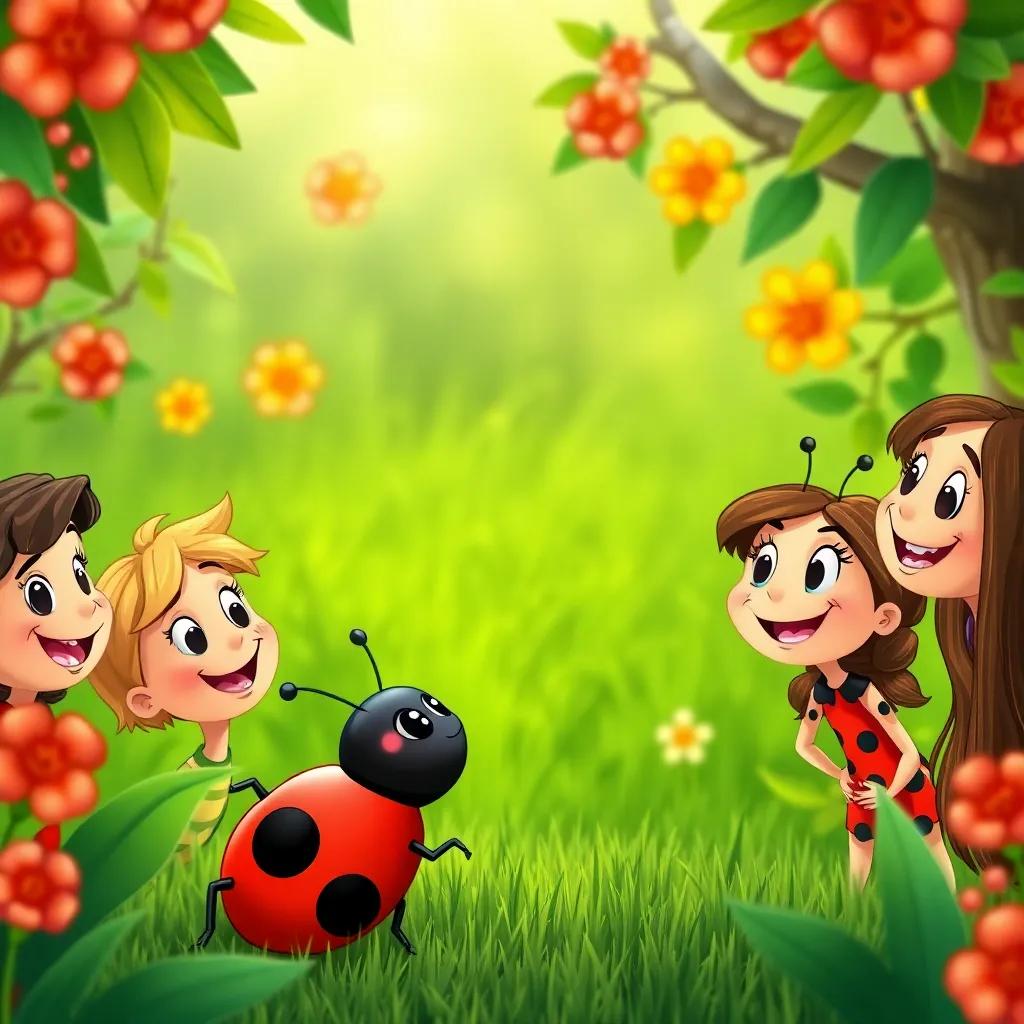 A friendly ladybug talking to Antonia and her friends, cheerful and colorful scene, lush green background, smiles all around, cartoonish style, fun atmosphere, illustration, high quality