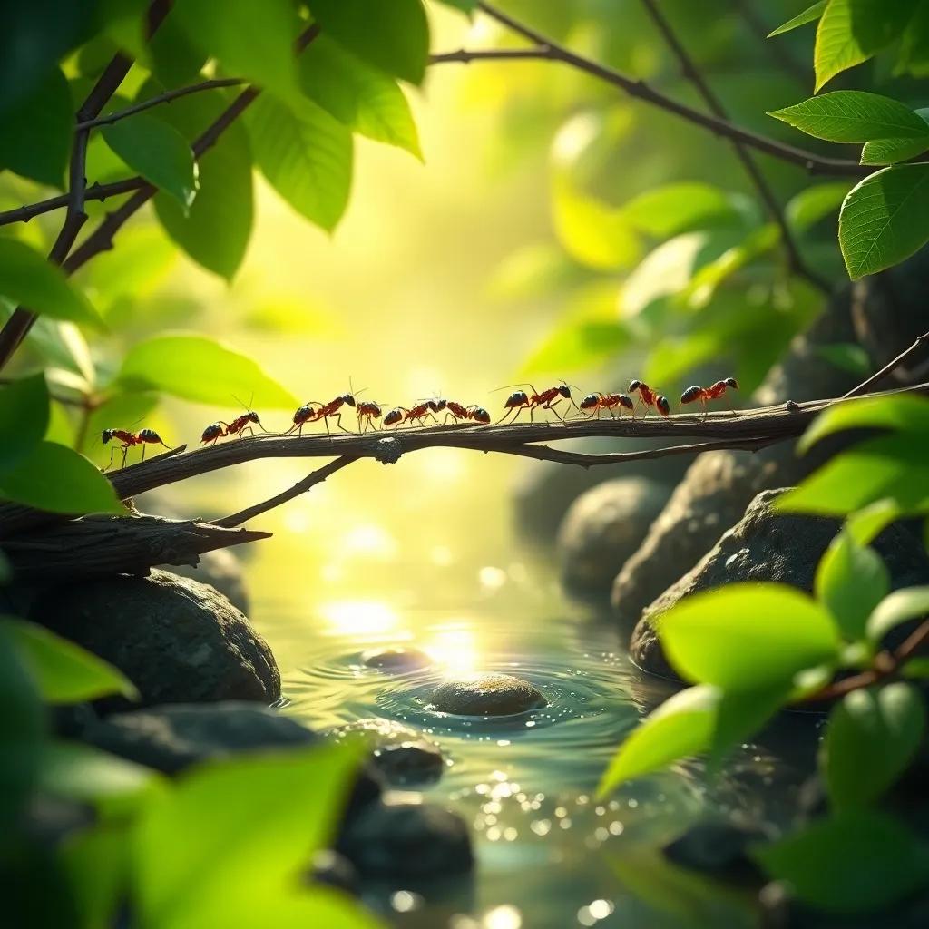 Ants working together to build a bridge from twigs over a small stream, teamwork in action, light sparkling on the water, bright green leaves surrounding, detailed digital art, high quality