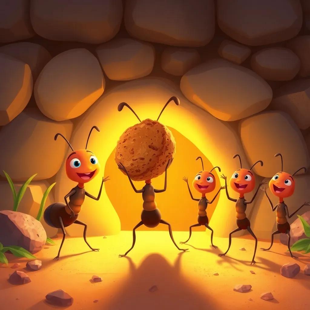The ants reaching home with big crumb, other ants cheering at the entrance of the ant hill, joyful expressions, warm light, friendly atmosphere, colorful details, illustration, high quality