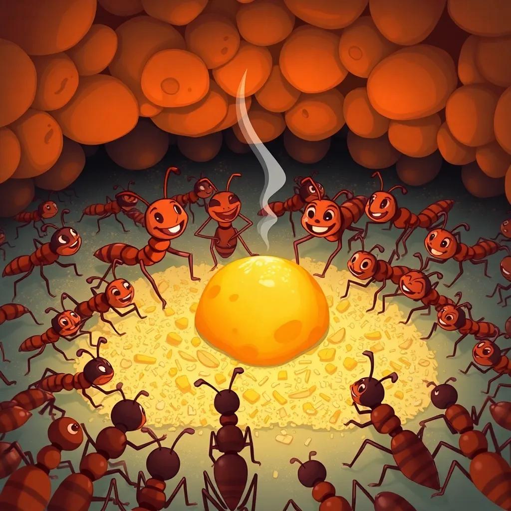 The colony sharing delicious food, ants gathered happily around the centerpiece of the crumb, laughter and excitement in the air, warm colors, heartwarming scene, illustration, high quality