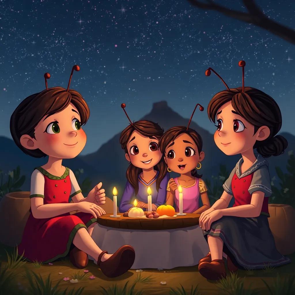Antonia and her friends sitting together after the feast, dreaming about future adventures, twinkling stars above them, cozy atmosphere, peaceful backdrop of the ant hill, digital art, high quality